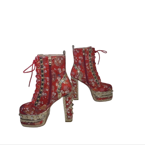 Womens Platform High Heels Square Toe Pearl Lace Strap Rivet Decor Boots 38(7.5) - Picture 4 of 13